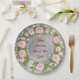 Happy Customise Silver Rose Anniversary Paper Plate