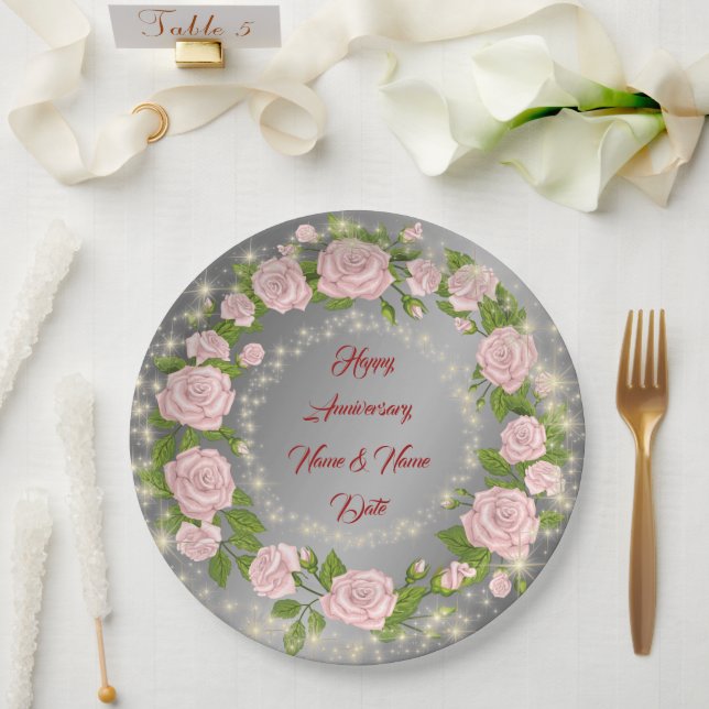 Happy Customise Silver Rose Anniversary Paper Plate (Wedding)