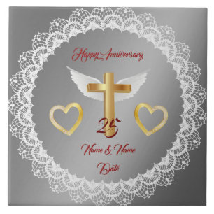 Happy Customize Silver Lace Anniversary Ceramic Tile