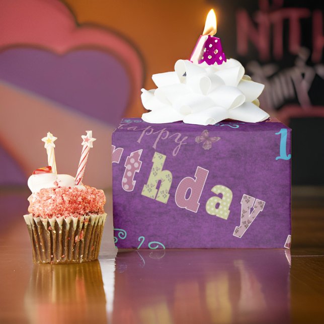 Happy Cute 12th Birthday Purple Blue Wrapping Paper (Creator Uploaded)