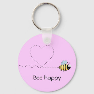 Happy cute bee cartoon pun pink key ring