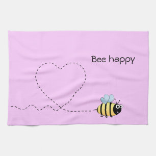 Happy cute bee cartoon pun pink tea towel
