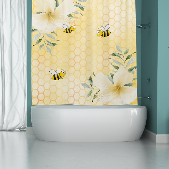 Happy cute bumble bees yellow honeycomb sweet shower curtain (Creator Uploaded)