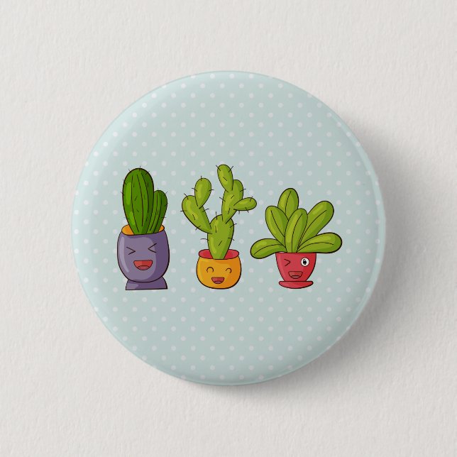 Happy Cute Cactus in Flower Pots Fun Illustration 6 Cm Round Badge (Front)
