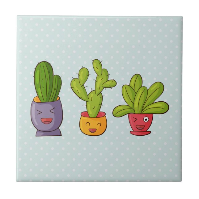 Happy Cute Cactus in Flower Pots Fun Illustration Ceramic Tile (Front)