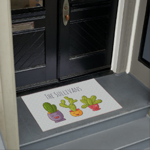 Happy Cute Cactus in Flower Pots Fun Illustration Doormat