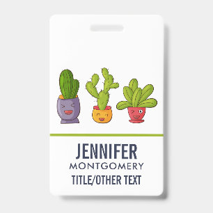 Happy Cute Cactus in Flower Pots Fun Illustration ID Badge
