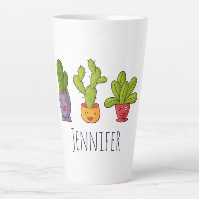 Happy Cute Cactus in Flower Pots Fun Illustration Latte Mug (Front)