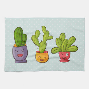 Happy Cute Cactus in Flower Pots Fun Illustration Tea Towel