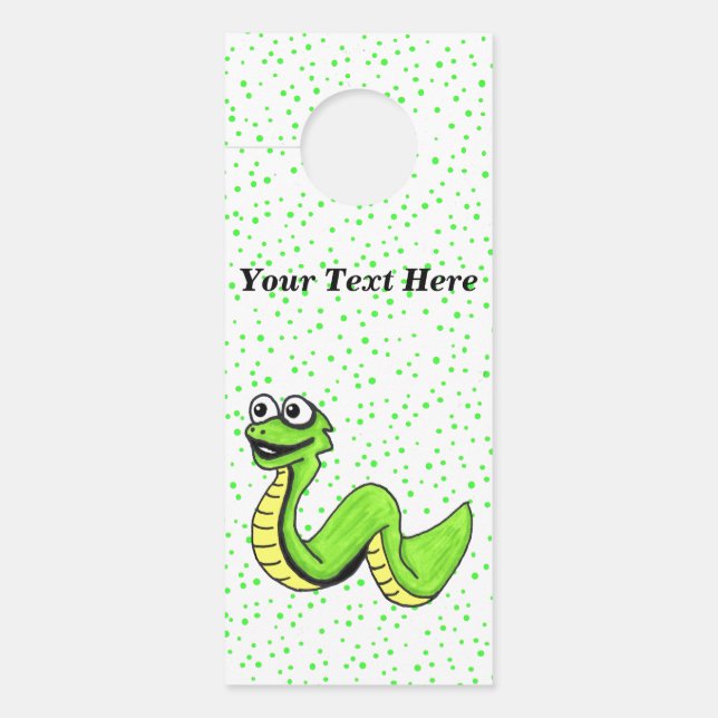 Happy Cute Cartoon Bright Green Snake on Dots Door Hanger (Front)