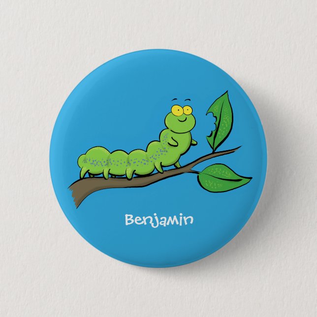 Happy cute green caterpillar cartoon illustration 6 cm round badge (Front)