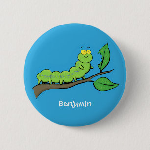 Happy cute green caterpillar cartoon illustration 6 cm round badge