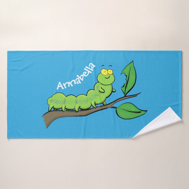 Happy cute green caterpillar cartoon illustration bath towel set (Bath Towel)