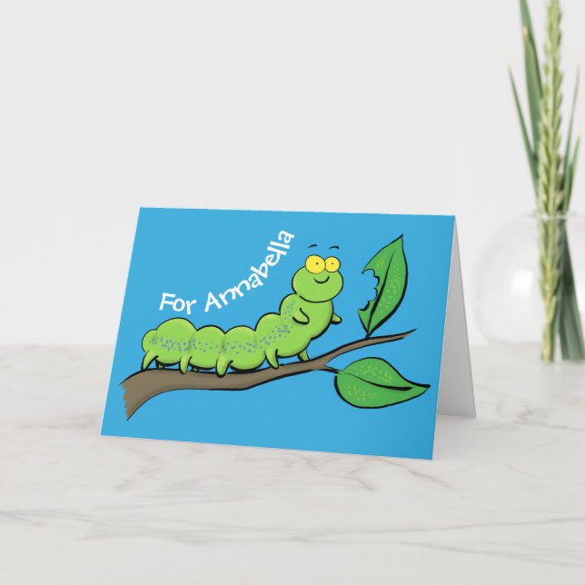 Happy cute green caterpillar cartoon illustration card (Front)