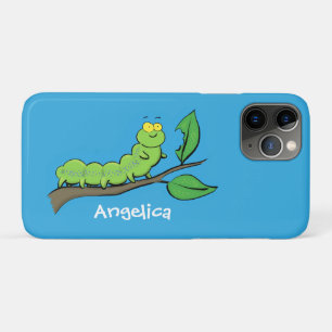 Happy cute green caterpillar cartoon illustration iPhone 11 pro case