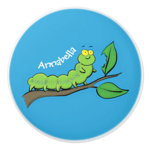 Happy cute green caterpillar cartoon illustration ceramic knob