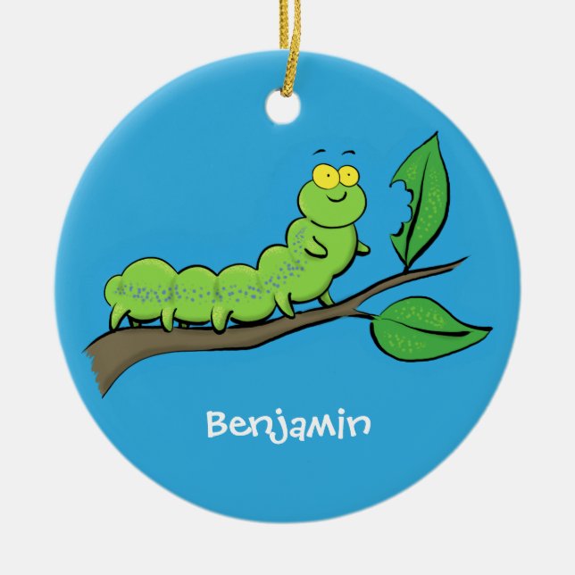 Happy cute green caterpillar cartoon illustration ceramic ornament (Front)