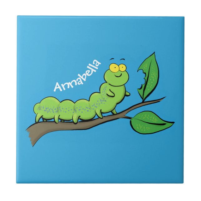 Happy cute green caterpillar cartoon illustration ceramic tile (Front)