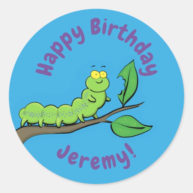 Happy cute green caterpillar cartoon illustration classic round sticker (Front)