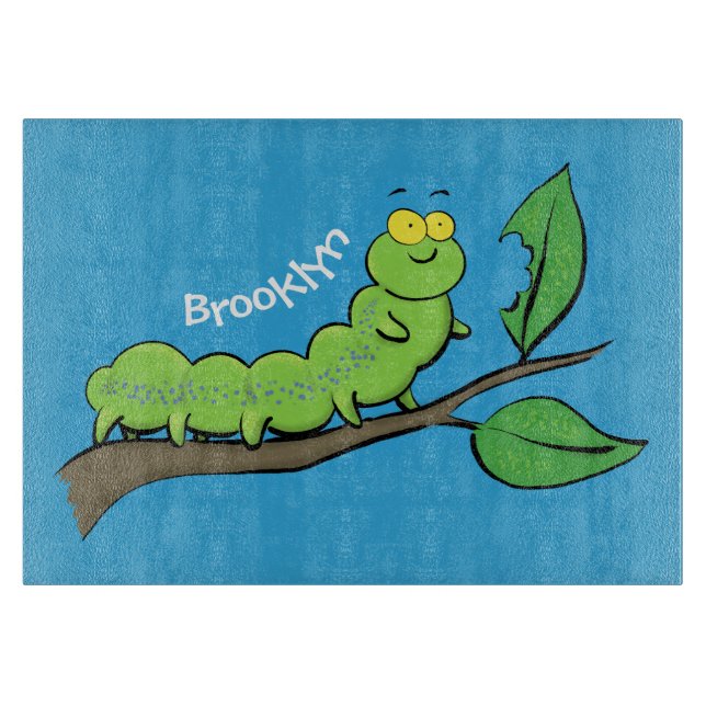 Happy cute green caterpillar cartoon illustration cutting board (Front)