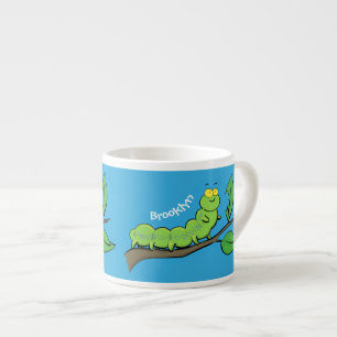 Happy cute green caterpillar cartoon illustration espresso cup
