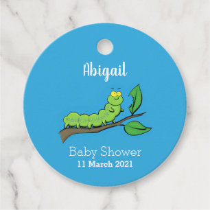 Happy cute green caterpillar cartoon illustration favour tags