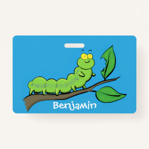 Happy cute green caterpillar cartoon illustration ID badge