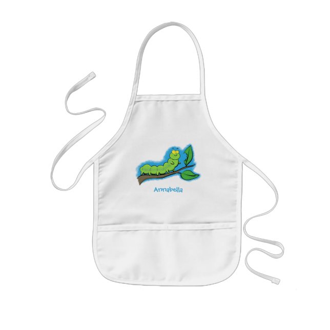 Happy cute green caterpillar cartoon illustration kids apron (Front)