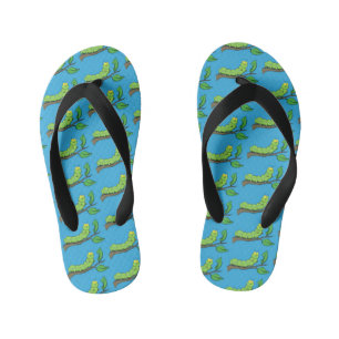 Happy cute green caterpillar cartoon illustration kid's thongs