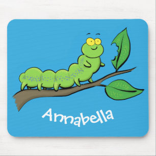 Happy cute green caterpillar cartoon illustration mouse pad
