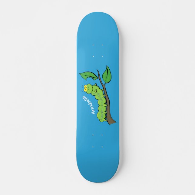 Happy cute green caterpillar cartoon illustration skateboard (Front)