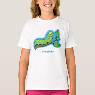 Happy cute green caterpillar cartoon illustration T-Shirt