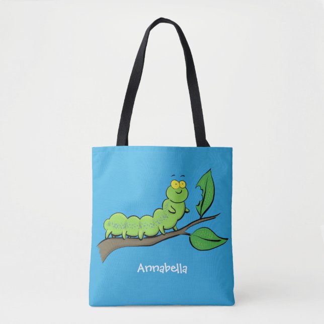 Happy cute green caterpillar cartoon illustration tote bag (Front)