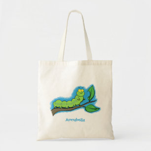 Happy cute green caterpillar cartoon illustration tote bag