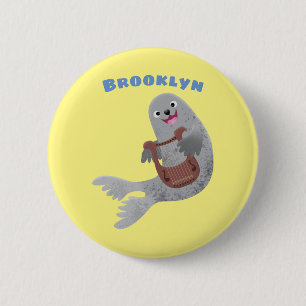 Happy cute harp seal cartoon illustration 6 cm round badge