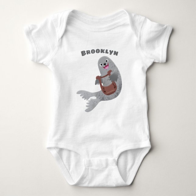 Happy cute harp seal cartoon illustration baby bodysuit (Front)