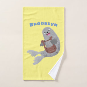 Happy cute harp seal cartoon illustration bath towel set