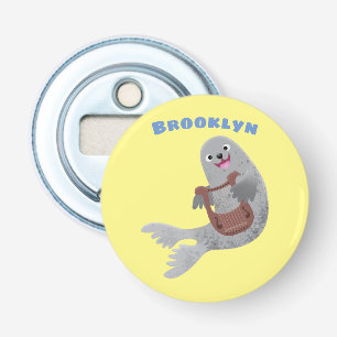 Happy cute harp seal cartoon illustration bottle opener