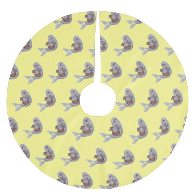 Happy cute harp seal cartoon illustration brushed polyester tree skirt (Front)