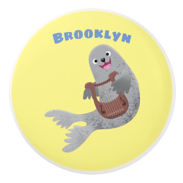 Happy cute harp seal cartoon illustration ceramic knob (Front)