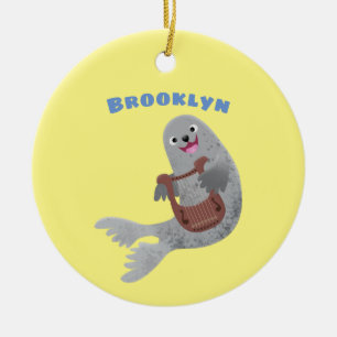 Happy cute harp seal cartoon illustration ceramic ornament