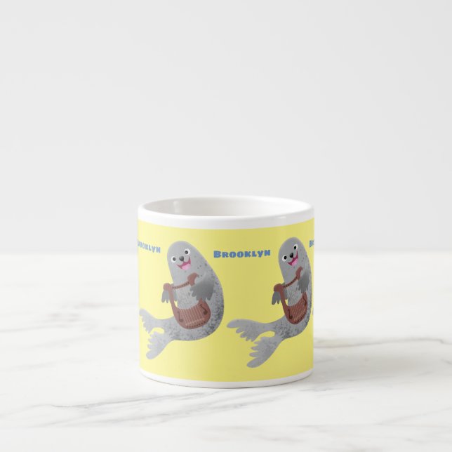 Happy cute harp seal cartoon illustration espresso cup (Front)