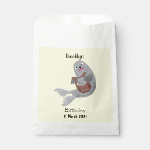Happy cute harp seal cartoon illustration favour bag