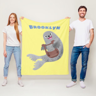 Happy cute harp seal cartoon illustration fleece blanket