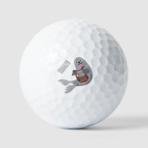 Happy cute harp seal cartoon illustration golf balls