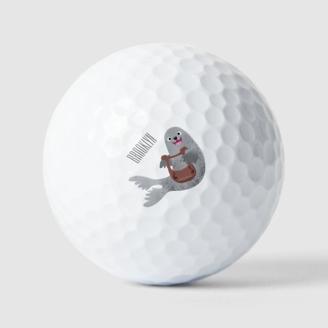 Happy cute harp seal cartoon illustration golf balls (Front)