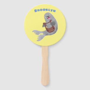 Happy cute harp seal cartoon illustration hand fan