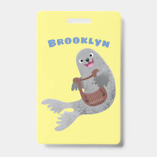 Happy cute harp seal cartoon illustration ID badge
