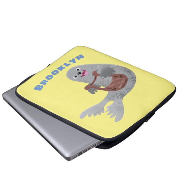 Happy cute harp seal cartoon illustration laptop sleeve (Front Bottom)