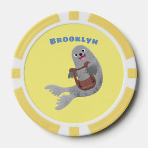 Happy cute harp seal cartoon illustration poker chips
